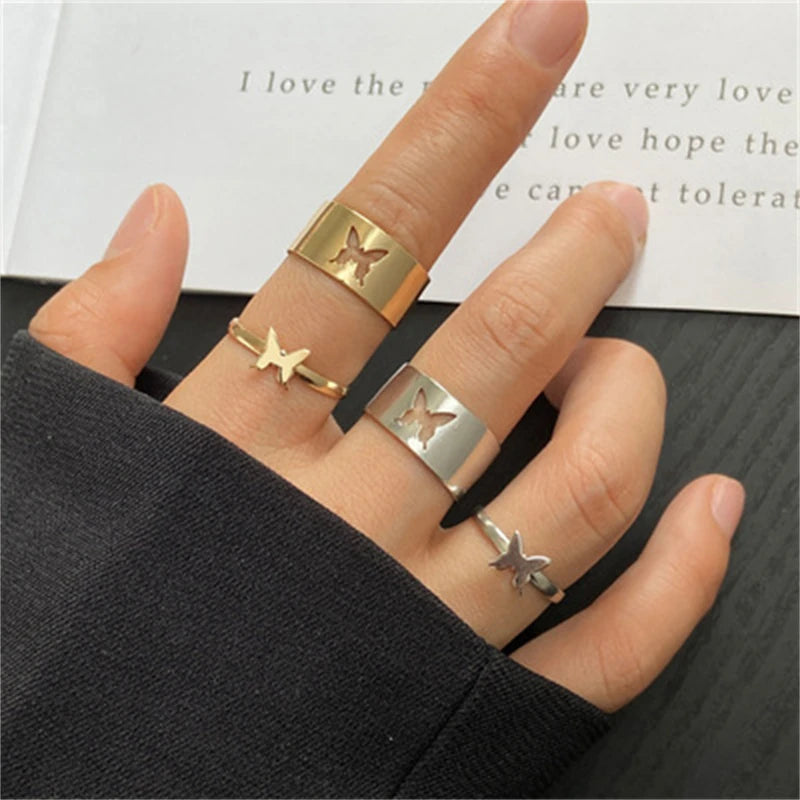Riolio Valentines Day Gift Silver Color Butterfly Rings For Women Men Lover Couple Ring Set Friendship Engagement Wedding Band Open Ring Trend Jewelry