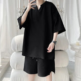 Riolio Summer Set Men Fashion Black White Casual Set Men Streetwear Pleated Sets Mens Short Sleeved T-shirt Shorts Set Man Sets