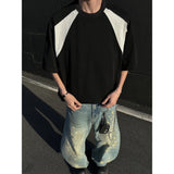 Riolio Mens Breathable Cotton Tshirt man Soft Summer Casual Slim Fit Contrast Panel Simpl Design Streetwear Fashion Tee Line Texture