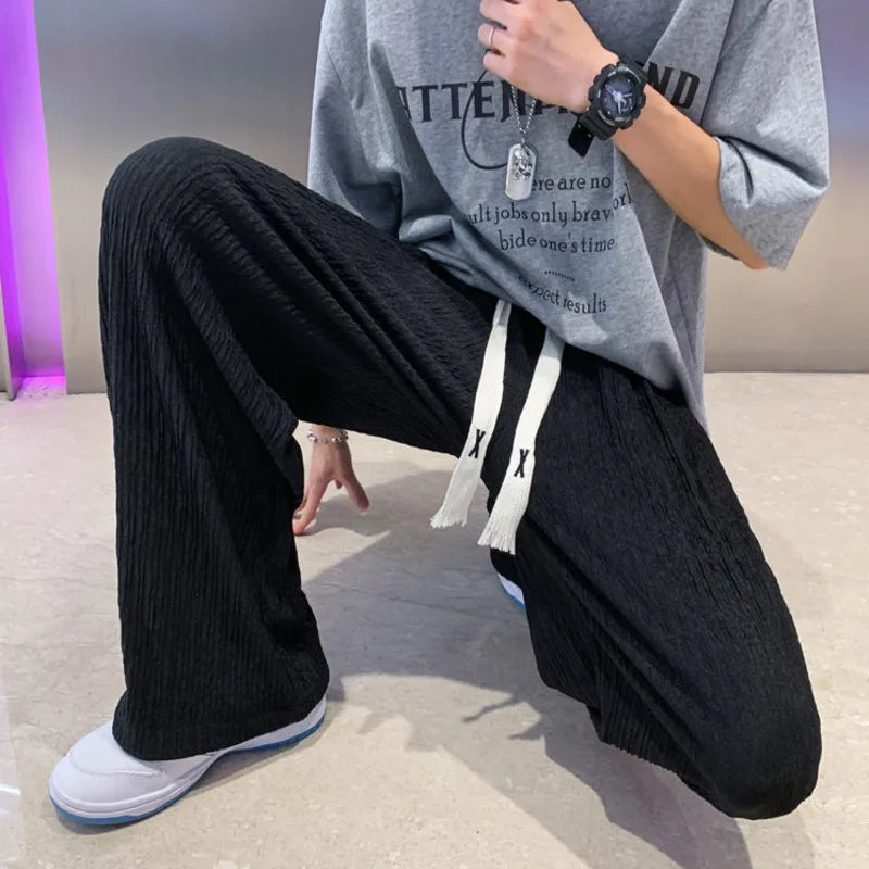 Riolio Summer Casual Pants Men Oversized Wide Leg Pants Men Japanese Streetwear Hip Hop Loose Pleated Pants Mens Ice Silk Trousers 5XL