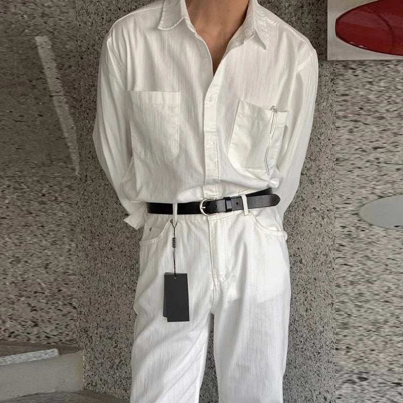 Riolio New Men Luxury Korean Style Shirts Casual Long Sleeve Drapped Solid Color Button-down Cardigan Fashion Business Leisure Blouse