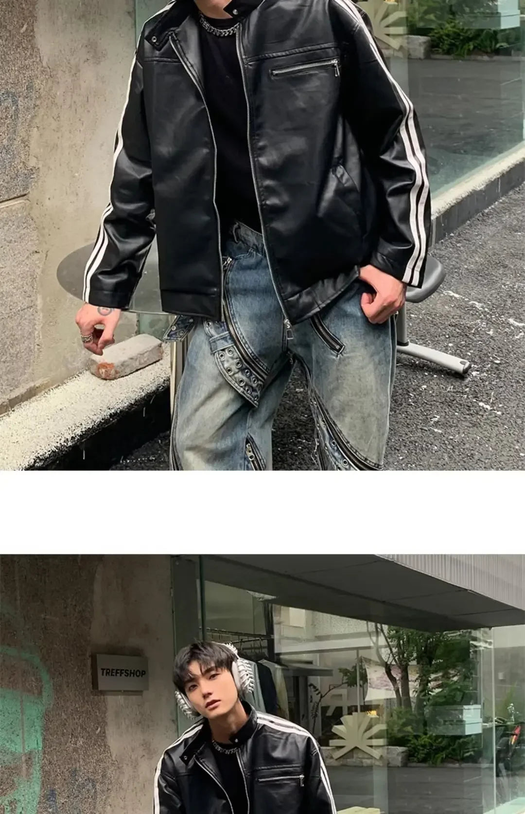 Riolio Retro Leather Jacket Men Women  American Patchwork Strip Racing Outerwear Loose Hip Hop Zippers Brown PU Coat Streetwear Spring