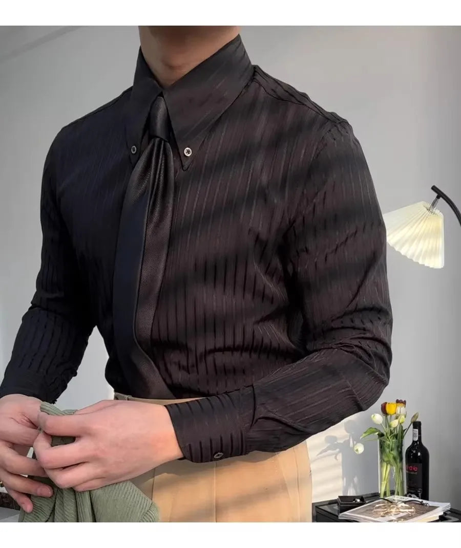 Riolio New Italy Business Men Shirts Light Luxury Textured Peaked Lapel Striped Long Sleeve Cardigan Leisure High Quality Blouse M-2XL