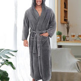 Riolio Long Sleeve Pocket Belt Solid Color Men Bathrobe Winter Warm Hooded Long Fleece Home Gown Sleepwear