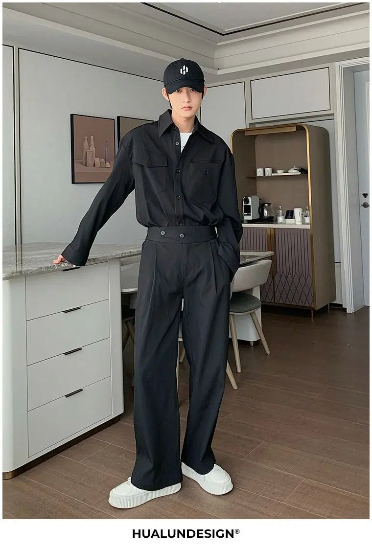Riolio Men's Shirt Pants Set High-end Shirt Suit Trendy Spring Handsome Long-sleeved Top Loose Straight Trousers Two-piece Set