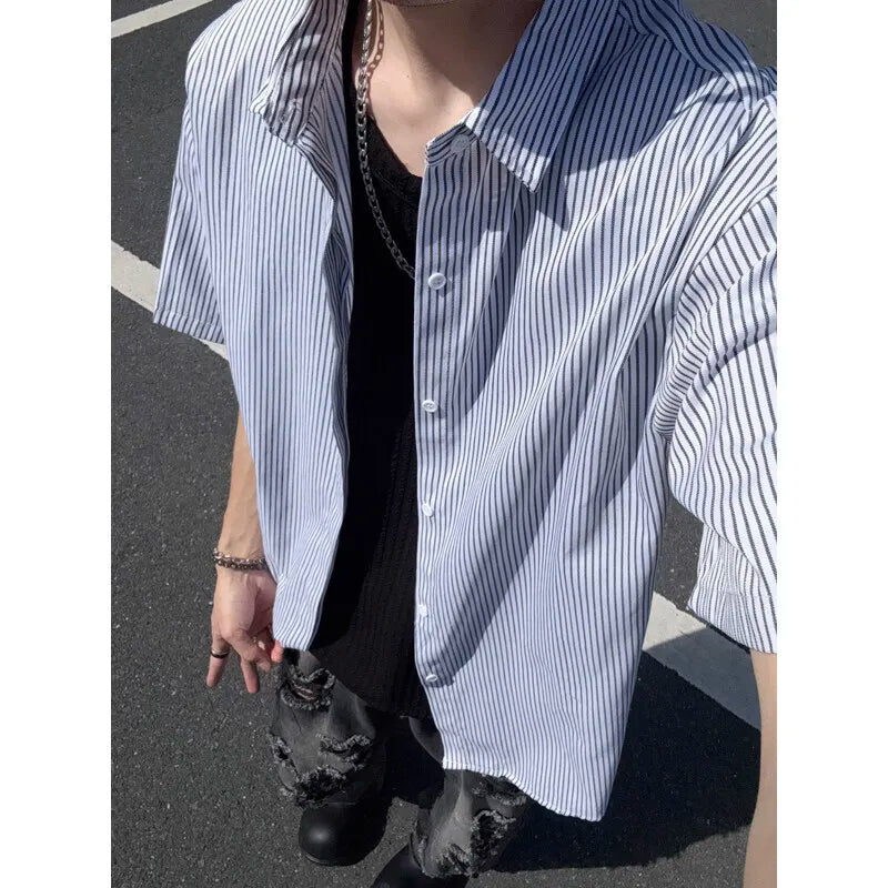 Riolio Summer Short Sleeved Shirt Men Black Blue Casual Shirt Men Streetwear Korean Loose Striped Shirt Mens Formal Dress Shirts