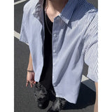Riolio Summer Short Sleeved Shirt Men Black Blue Casual Shirt Men Streetwear Korean Loose Striped Shirt Mens Formal Dress Shirts