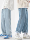 Riolio New Korean Fashion Men's Casual Ankle-Length Jeans Classic Man Straight Denim Wide-leg Pants Light Blue Grey Black 3XL