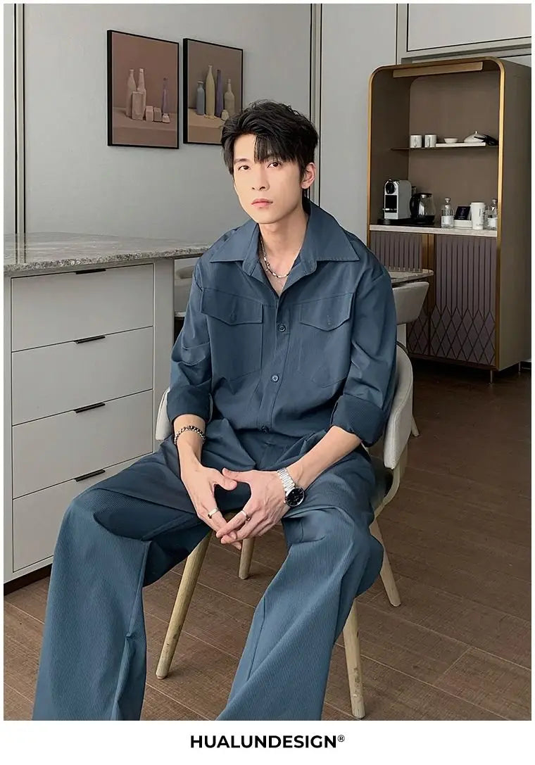 Riolio Men's Shirt Pants Set High-end Shirt Suit Trendy Spring Handsome Long-sleeved Top Loose Straight Trousers Two-piece Set