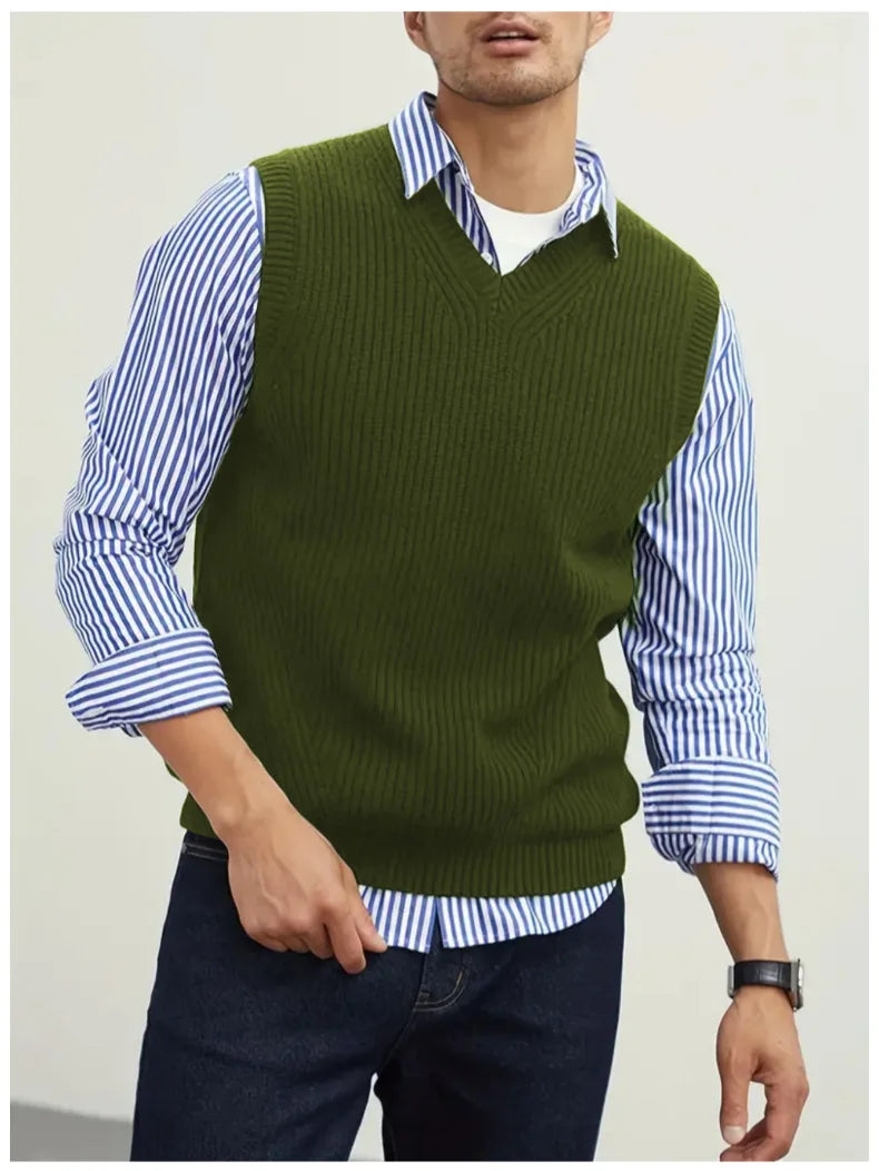 Riolio New Popular Preppy Style Men Sweater Vest Casual Knitted Streetwear Solid Color V Neck Waistcoat Leisure High Quality Knitwear