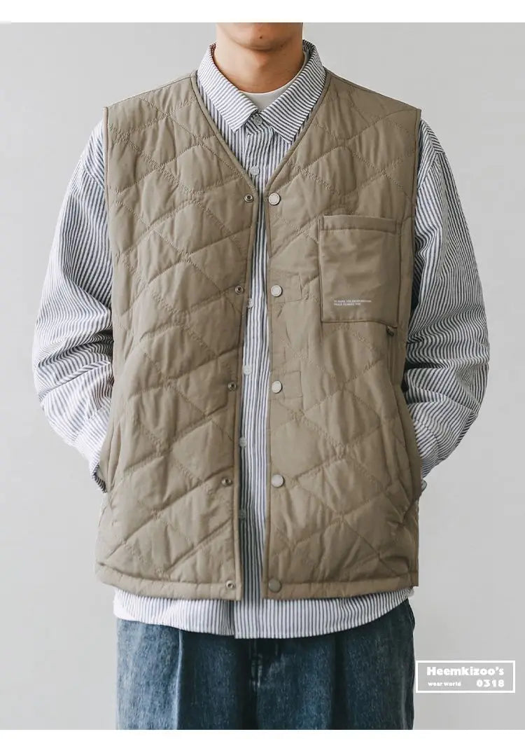 Riolio Cotton-layered Fashionable Vest Men with Autumn Winter Simple Casual Light Heated Inner Vest Cardigan Work Vest Top Aesthetic