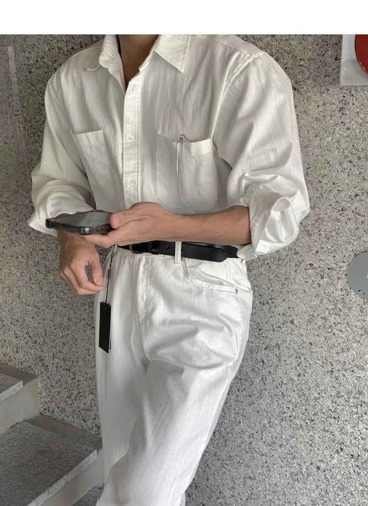 Riolio New Men Luxury Korean Style Shirts Casual Long Sleeve Drapped Solid Color Button-down Cardigan Fashion Business Leisure Blouse