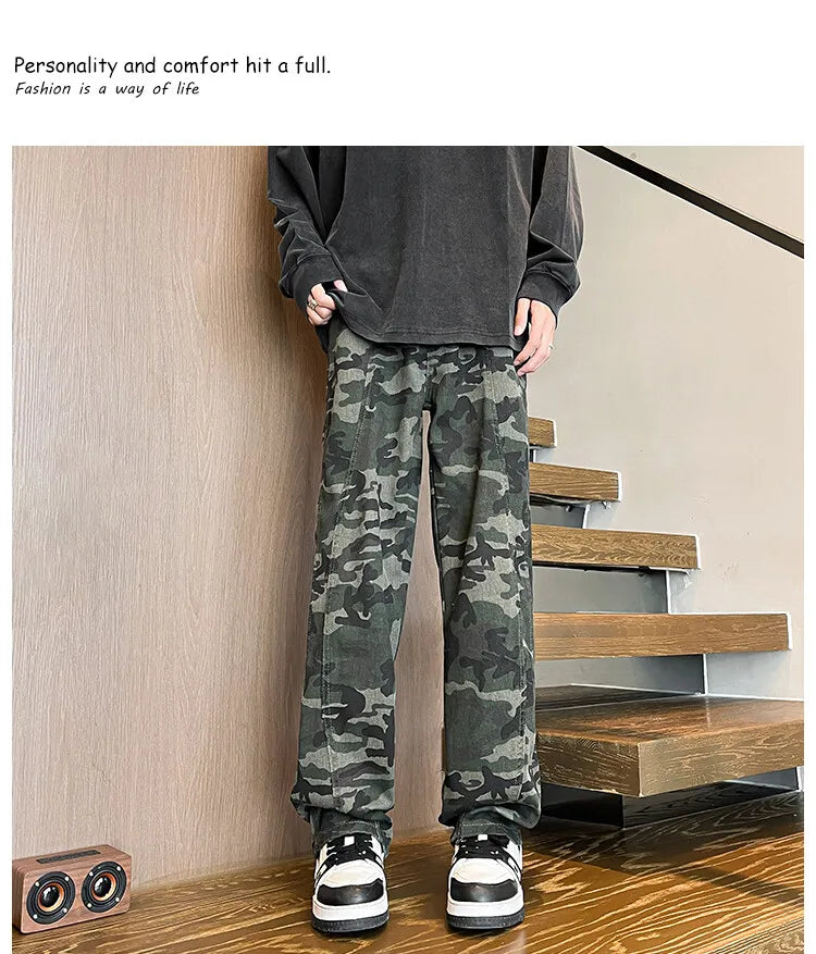 Riolio camouflage Jeans Men straight Pants patchwork male jean Fit Patchwork Streetwear Men's Trousers Denim Large size Hip Hop