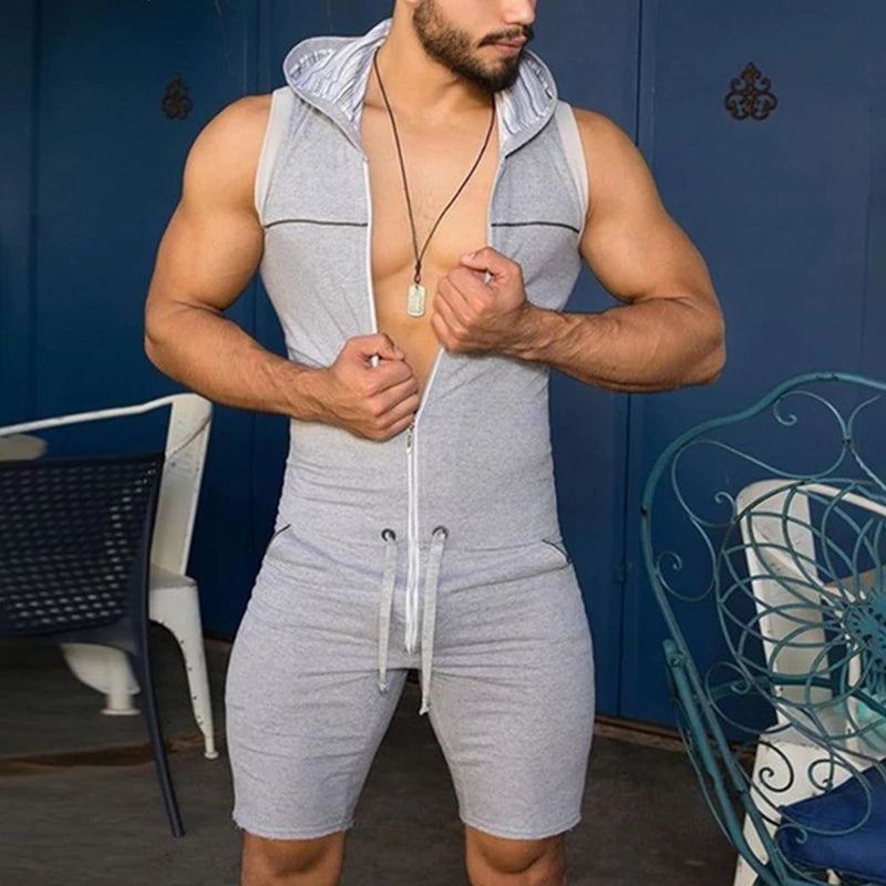 Riolio Men Short Jumpsuit Tight Sleeveless Bodysuit Zipper Hooded Rompers Short Pants Casual Home Wear Tracksuit Pajamas