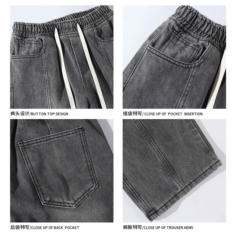 Riolio Jeans men Elastic waist Streetwear Fashion Jeans Black Spring New Men Women Wide Leg Straight Denim Trousers Plus Size 5XL-M