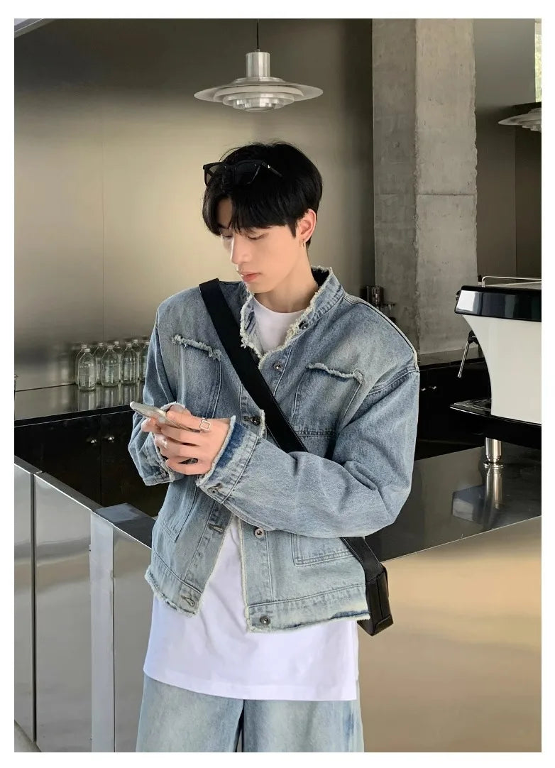 Riolio Autumn Denim Set Men Denim Jacket +Wide Leg Straight Jeans Casual Loose Solid Color Korean Style Street Stand Collar 2pcs Suit