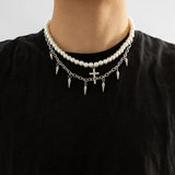 Riolio Punk Pearl Beads Chain Spikes/Cross Pendant Necklace Men Hiphop Layered Stainless Steel Choker Necklace Set Fashion Jewelry