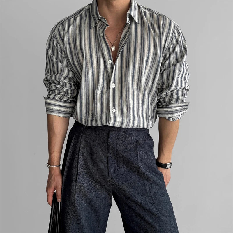 Riolio New Naples Business Men Shirts Light Luxury Textured Lapel Striped Long Sleeve Cardigan Leisure Premium Commuter Blouse M-2XL