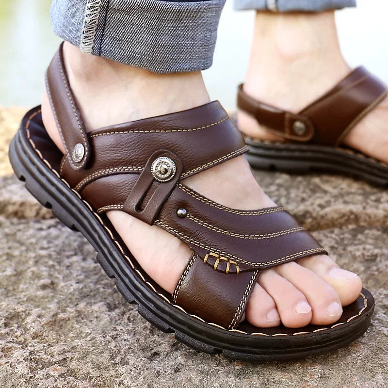 Riolio Men's Summer New Sandals and Slippers Men's Leather Sandals Adult Thick-soled Beach Shoes Non-slip Open-toe Leather Sandals