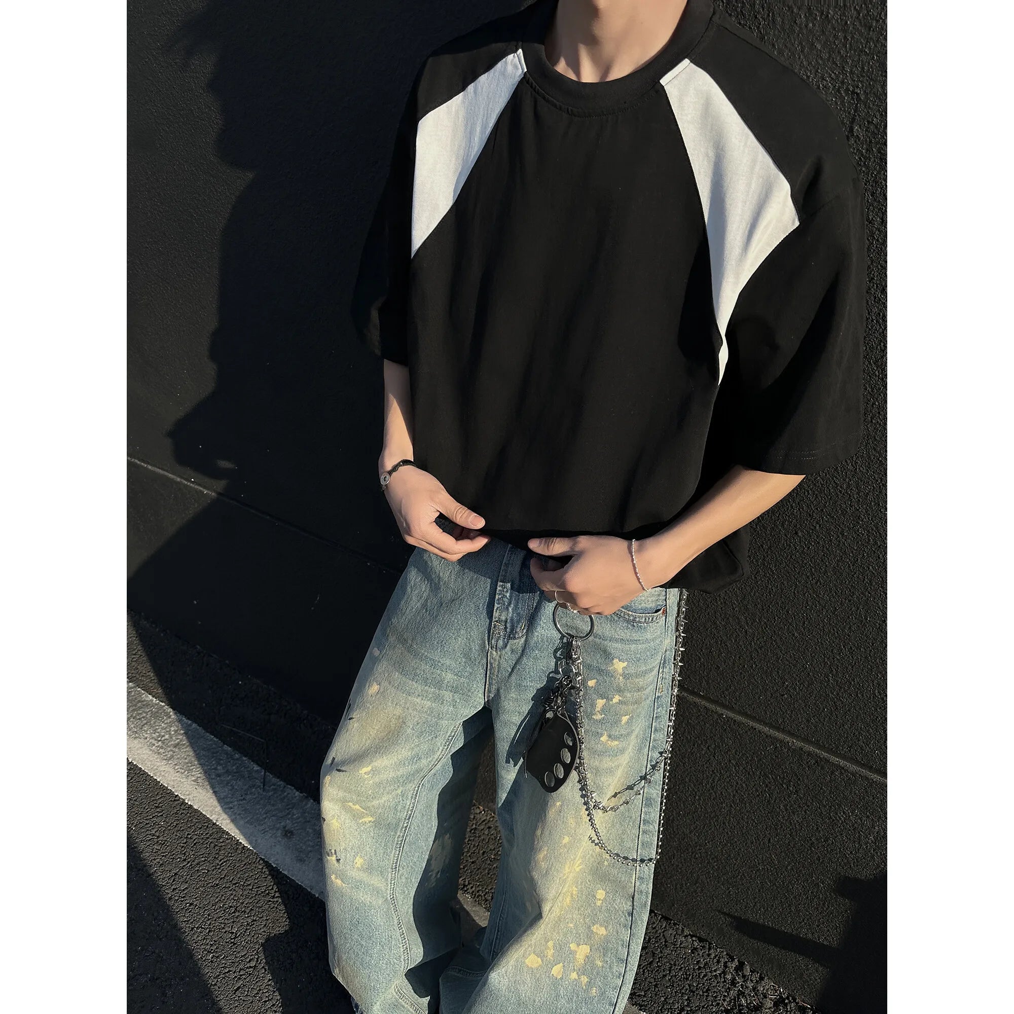 Riolio Mens Breathable Cotton Tshirt man Soft Summer Casual Slim Fit Contrast Panel Simpl Design Streetwear Fashion Tee Line Texture