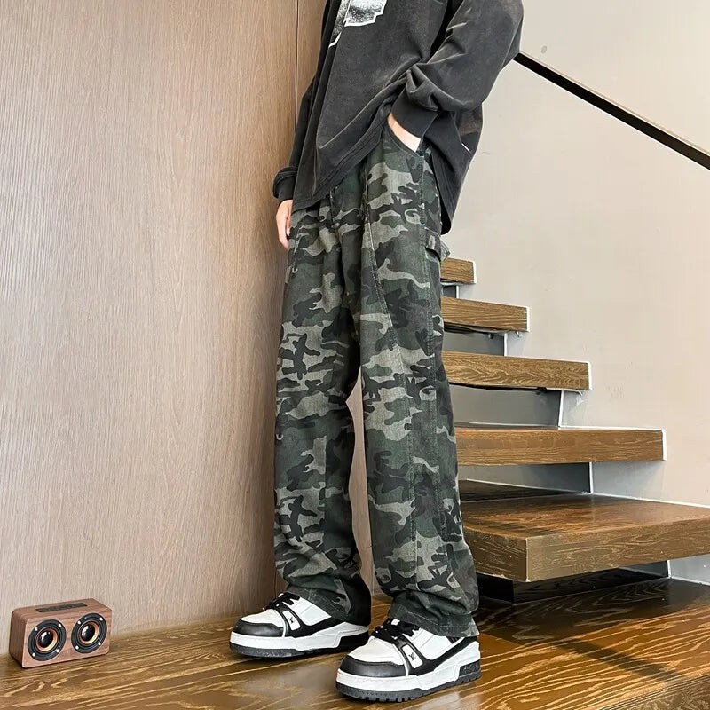 Riolio Jeans Men straight Pants patchwork male jean camouflage Loose Fit Patchwork Streetwear Men's Trousers Denim Large size Hip Hop