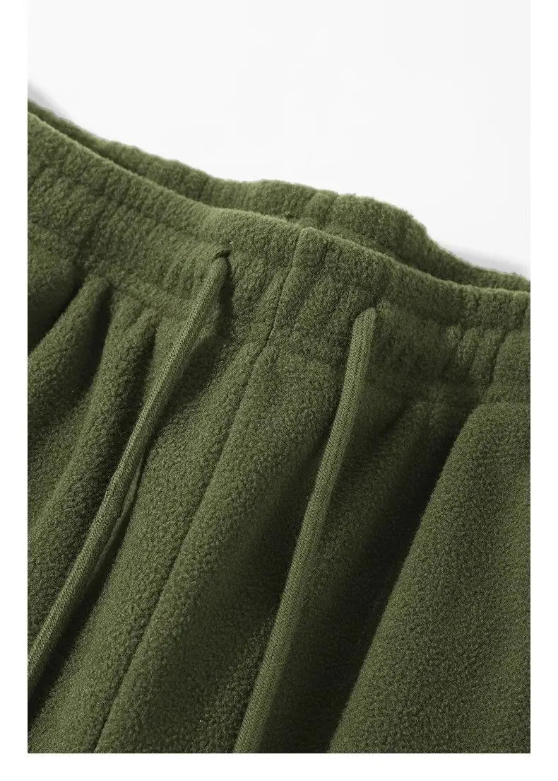 Riolio Double-sided Fleece! Retro Military Green Straight-leg Pants Women Loose Thickened Warm Drawstring Casual Wide-leg Pants Men