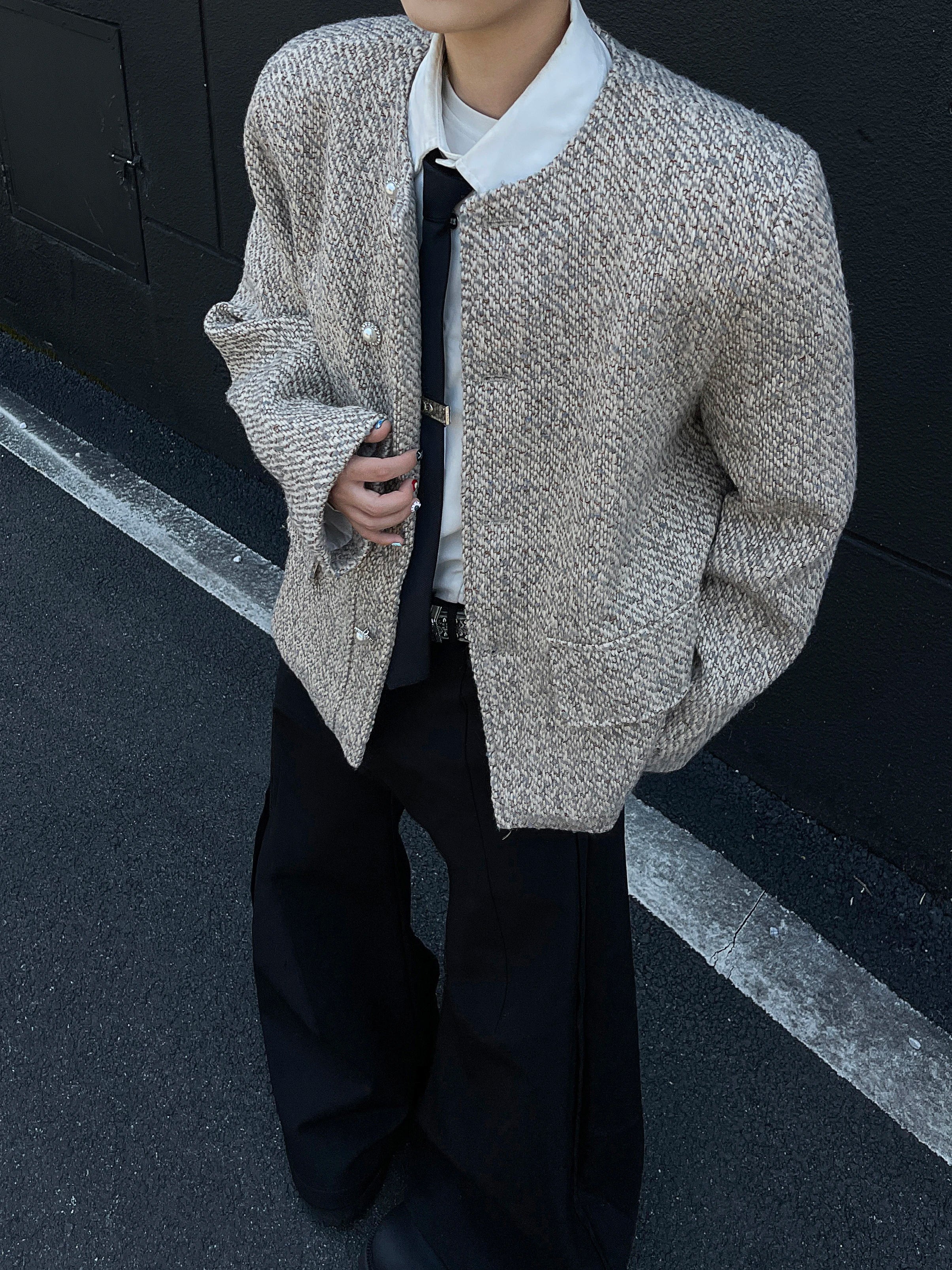 Riolio Male Elegant O-neck Blazer Coat High-end Shoulder Pad Collarless Jacket American Autumn Button Short Suit Jacket Handsome Top