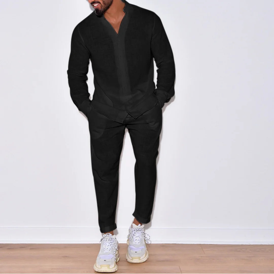 Riolio Autumn men's new fashion solid color suit cotton cardigan lapel long sleeve pants suit