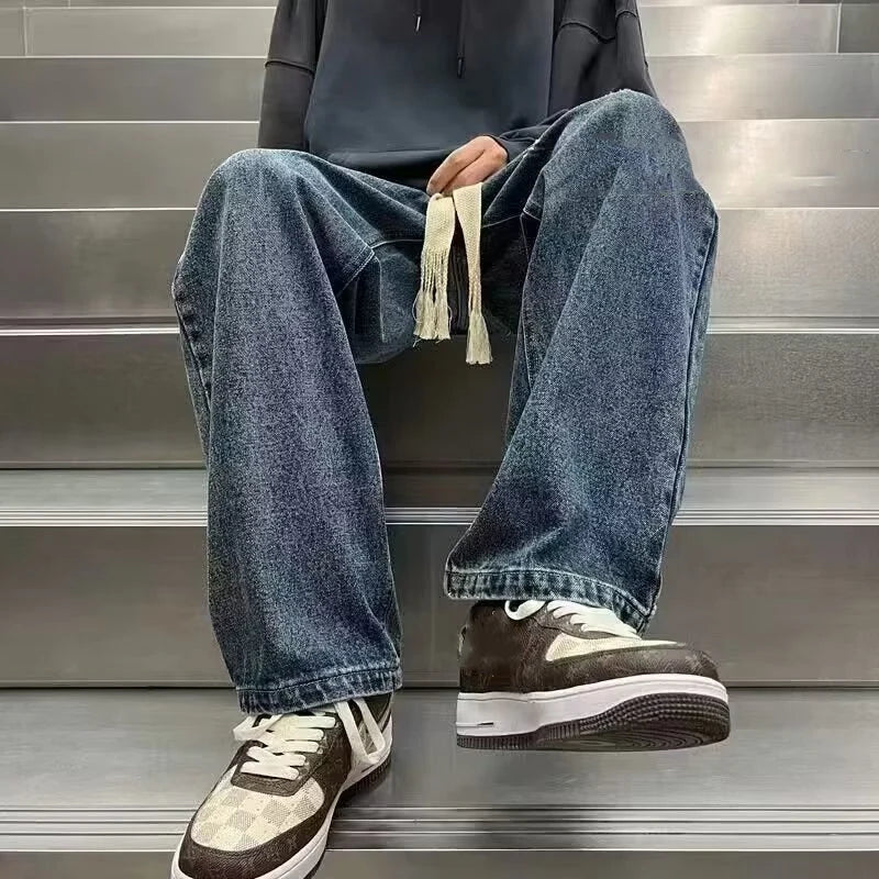 Riolio Men's Baggy Straight Leg Wide Leg Denim Pants Trend Concise Style Streetwear Trousers Daily Lace Up Design Hot Sale Jeans Male