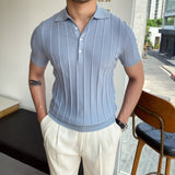 Riolio Spring Summer Knit Polo Shirt Men Casual Turn-down Collar Button Fashion Striped Solid Slim Tops Newest Ice Silk Cotton Knitwear