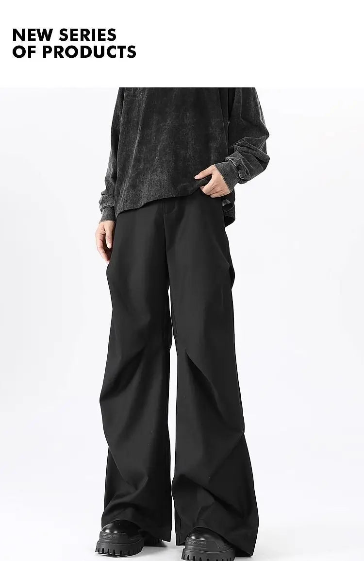 Riolio American High Street Pleated Pants Floor Mopping Micro Trumpet Black Trousers Luxury Sense Clean Fit Casual Curved Knife Pants