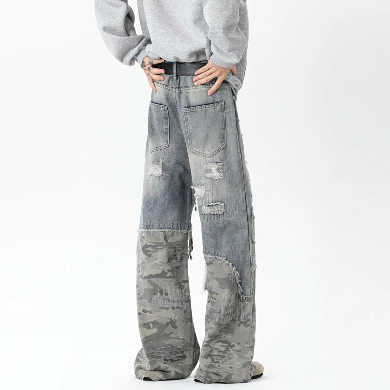 Riolio Camouflage Wide jeans men Ripped Patchwork New Mainstream Hip Hop Skateboard Men Women Streetwear High Street Super Loose Jeans
