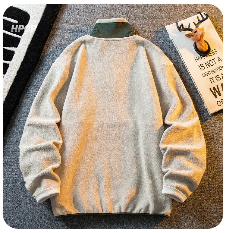 Riolio Korean Casual Heavy Half Zipper Sweatshirt Fleece Jacket Men Autumn Winter Warmth Thicken Men Aesthetic Academy Chic Streetwear