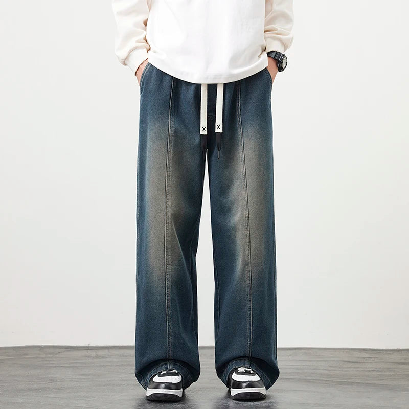 Riolio Plus Size M-8XL Baggy Jeans Men's Blue Black Streetwear Elastic Waist Y2K Trousers Fashion Straight Leisure Wide Denim Pants