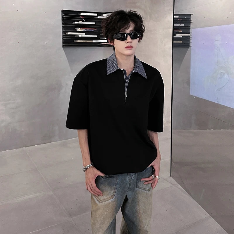 Riolio POLO shirt Mens Luxury new Solid Color Half Zip Polo Checkered Collar Stylish Trendy Streetwear T-Shirt Urban Fashion Casual Wear