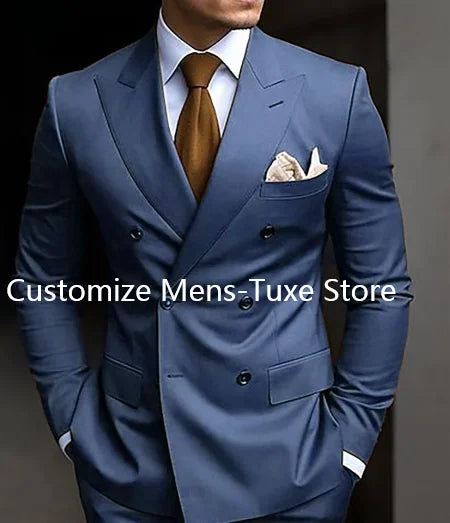Riolio prom suit High Quality Brown Men's Suits Double Breasted Bespoke Double Breasted Peaked Lapel Formal Blazer Slim Fit 2 Piece Jacket Pants
