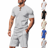 Riolio 2025 Summer Simplicity Men's Suit Loose Walf Checks Fabric Breathable Comfort and Casual Short Sleeve Shorts Two-Piece Suit