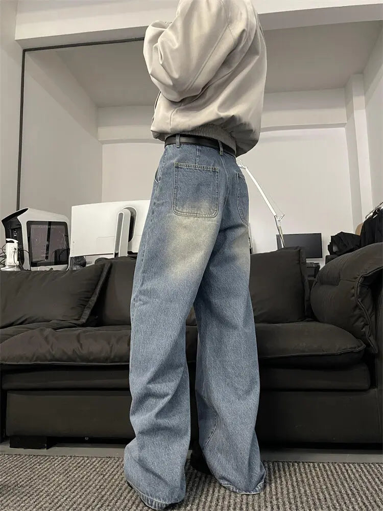 Riolio Jeans Men Loose Wide Leg Trousers Unisex low-rise jean Men's Denim Pants Old Blue Washed Male Jeans Straight Patchwork mop pants
