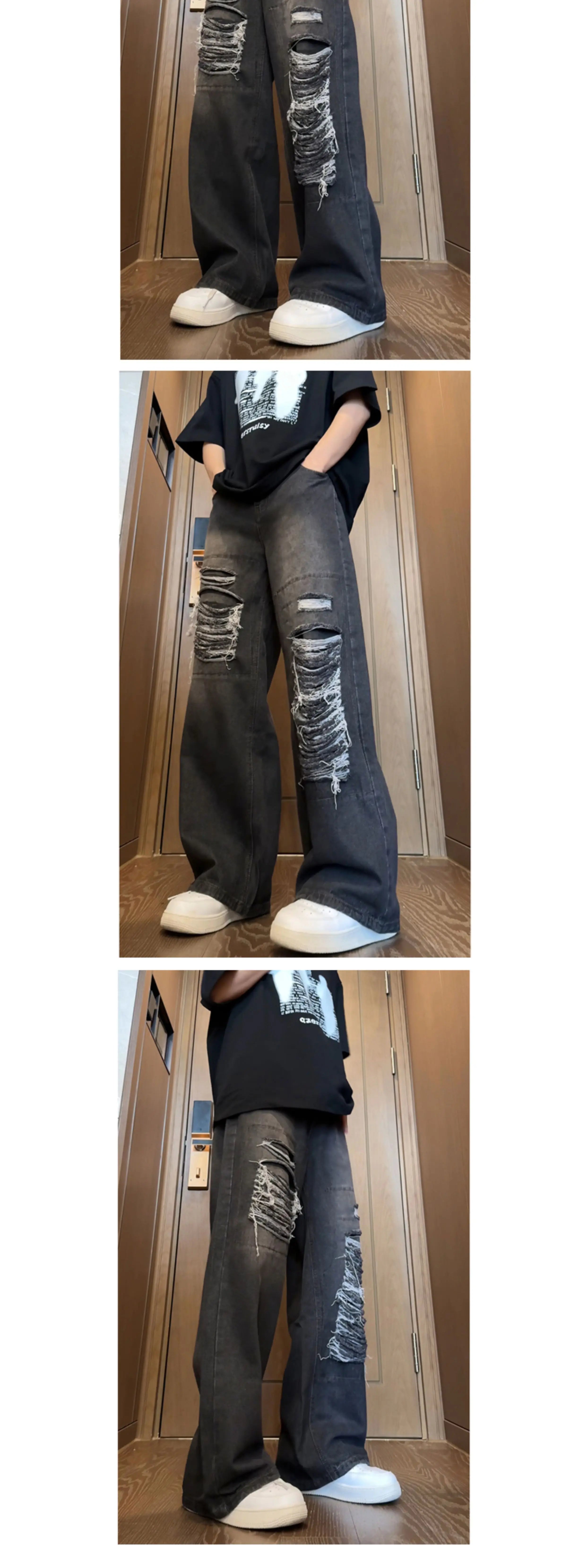 Riolio Beggar jeans men Vintage Streetwear Ripped Hole Jeans Men Women Harajuku Aesthetic Wide Leg Denim Trousers Unisex Straight Pants