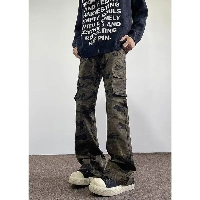 Riolio Jeans Men camouflage Cargo Pants Patchwork Multi Pockets Denim Hombre Fashion Casual Streetwear Trousers bell-bottoms