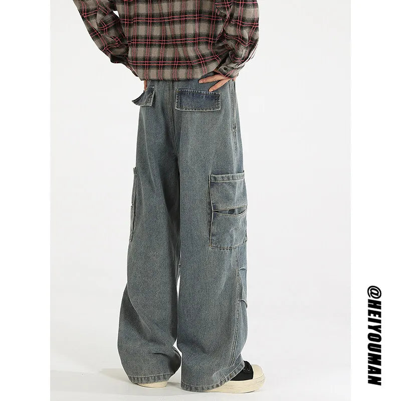 Riolio Loose straight Jeans Men Denim Cargo Pants Wash Solid Color Multi Pockets Casual Mid Waist Trousers Unisex Daily Wear Joggers