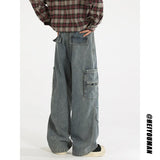 Riolio Loose straight Jeans Men Denim Cargo Pants Wash Solid Color Multi Pockets Casual Mid Waist Trousers Unisex Daily Wear Joggers