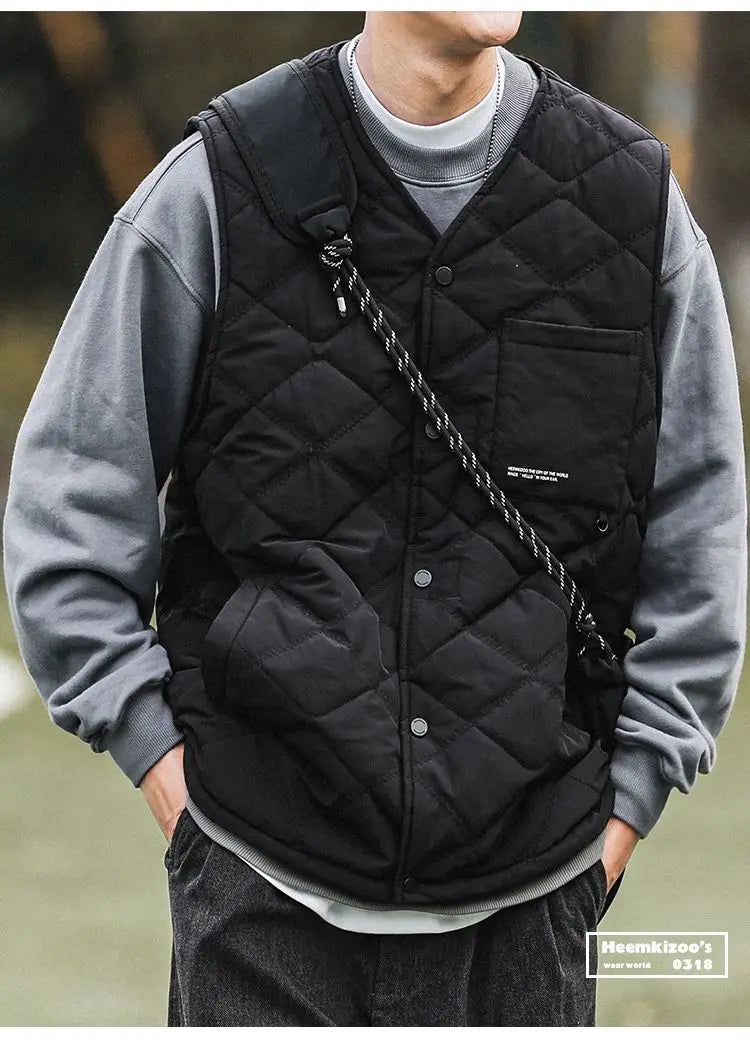 Riolio Cotton-layered Fashionable Vest Men with Autumn Winter Simple Casual Light Heated Inner Vest Cardigan Work Vest Top Aesthetic