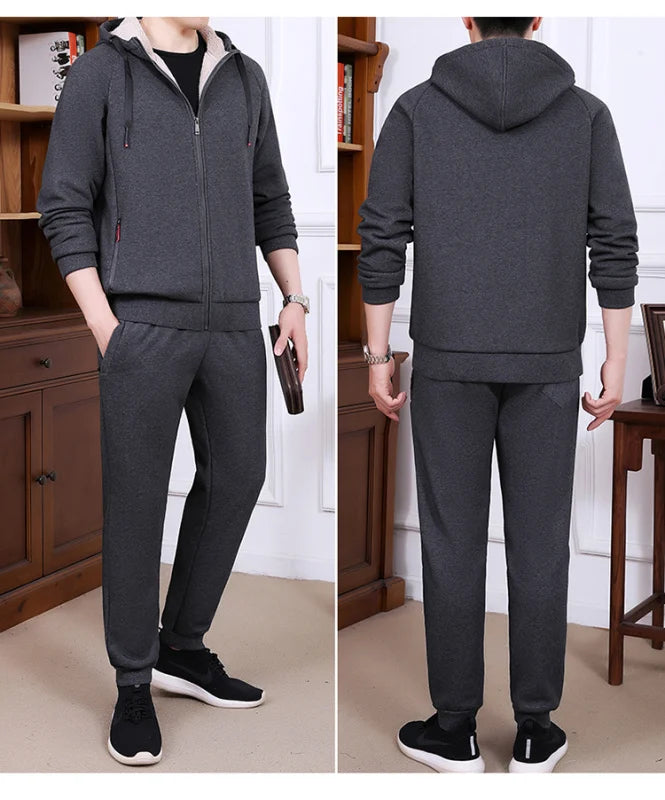 Riolio Men's Set Winter Pure Cotton Middle-aged and Elderly Sports Plus Velvet Set Winter Dad Set Two-piece Cardigan Lamb Wool Set