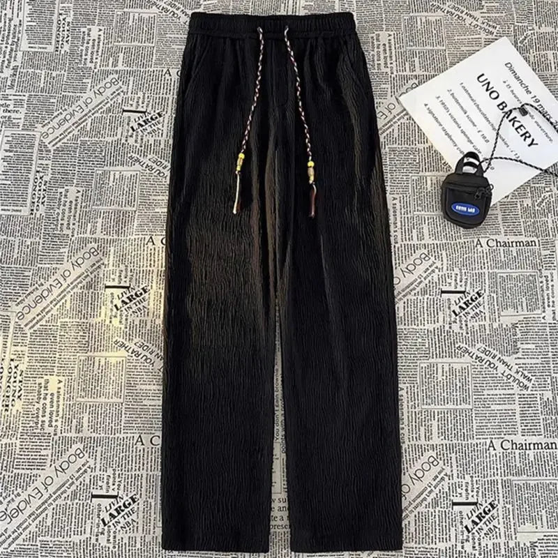 Riolio Ice Silk Casual Pants Men Thin Sport Straight Sweatpants Linen White Loose Fold Ankle-length Walking Trousers Male