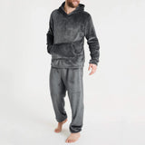 Riolio Mens Winter Fleece Warm Pajama Set Soft Home Solid Color Pockets Hooded Pullover Tops And Pants Thick Plush Sleepwear Homewear