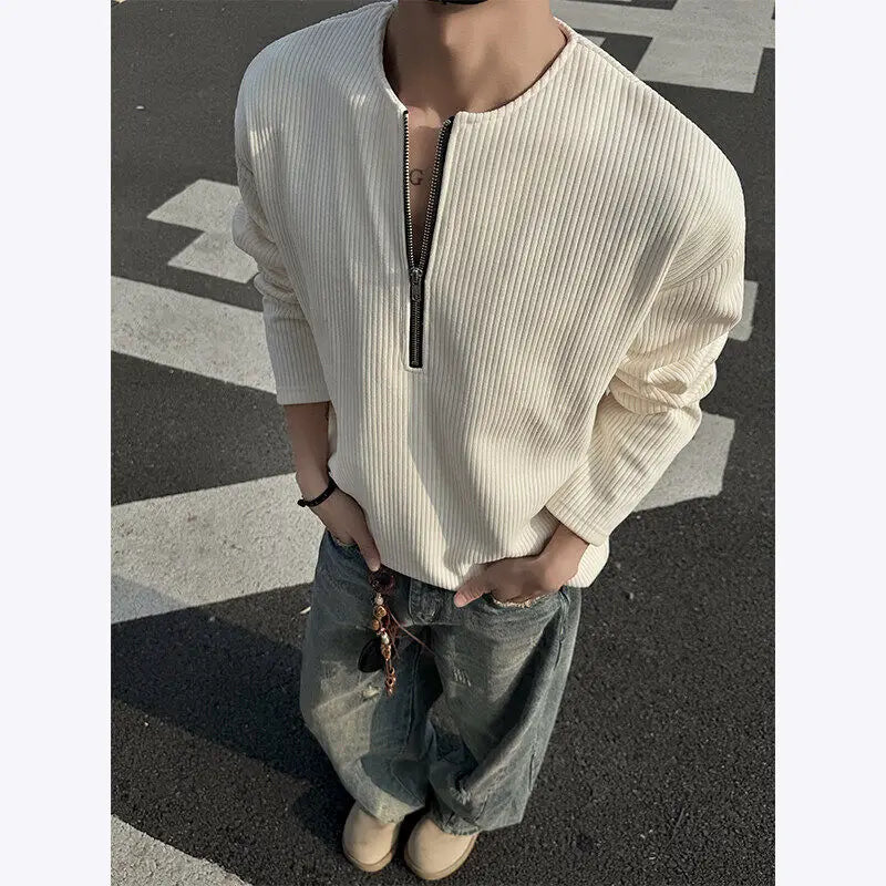 Riolio New Men Slim Fit Half Zip Solid Color Round Neck Long Sleeve Tshirt Spring Base shirt Casual Streetwear Hot Sale Trend T shirt