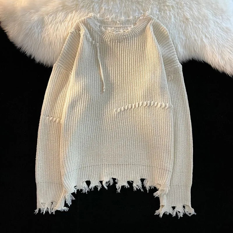 Riolio Vintage Hole Tassels Sweater Men Women Autumn Long Sleeves Kint Tops Fashion Loose Knitted Pullover Couples Unisex Streetwear