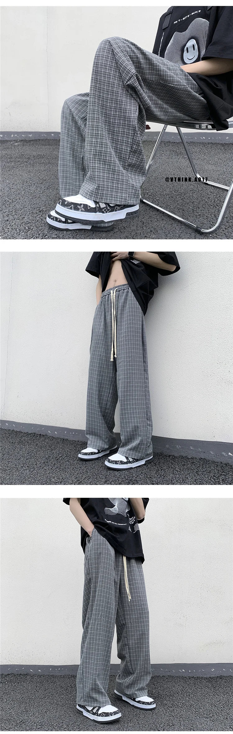 Riolio Summer/Autumn Plaid Pants Men Loose Casual Straight Trousers for Male/Female Harajuku Hip-hop Streetwear Wide-leg Mopping Pants