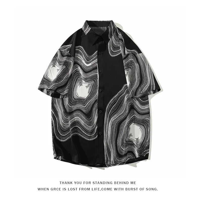 Riolio Summer Short Sleeve Shirt Men Fashion Retro Print Shirt Men Streetwear Loose Black White Ice Silk Shirt Mens Large Sizes M-5XL